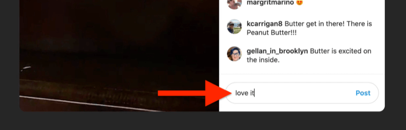 xscreenshot-voorbeeld van een instagram-live met het opmerkingenveld gemarkeerd en gevuld door een kijker die zegt 'love it'