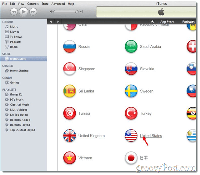 iTunes - klik op Vlag van de Verenigde Staten
