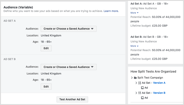 Gesplitste test waarbij uw Facebook-advertenties aan twee of meer doelgroepen worden weergegeven.