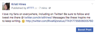 Dit is hoe een geliefde tweet eruitziet wanneer deze via IFTTT op je Facebook-pagina wordt gedeeld.