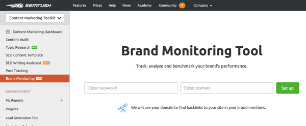 Voorbeeld van de Brand Monitoring-tool van SEMrush.