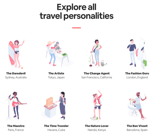 Voorbeeld van een pagina met alle resultaten met resultaten die de gebruiker kan ontdekken in de Travel Matcher-quiz van Airbnb.