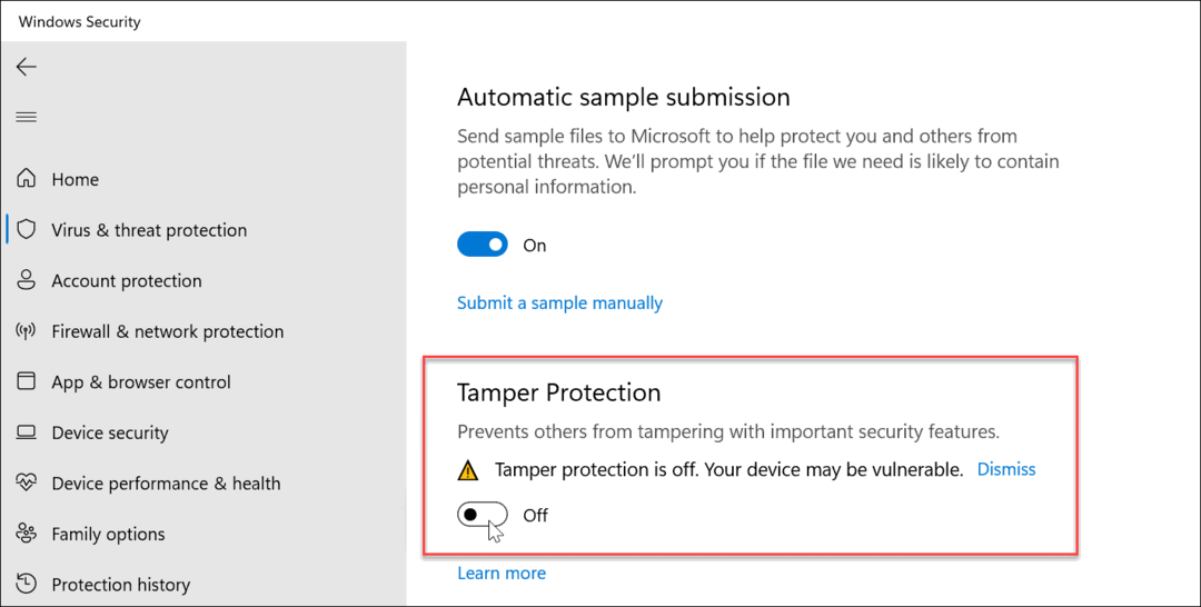 Sabotagebeveiliging aan of uit op Windows 11