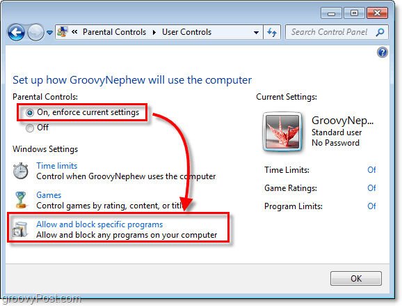 schakel ouderlijk toezicht in Windows 7 in voor een specifieke gebruiker en sta toe en blokkeer specifieke programma's