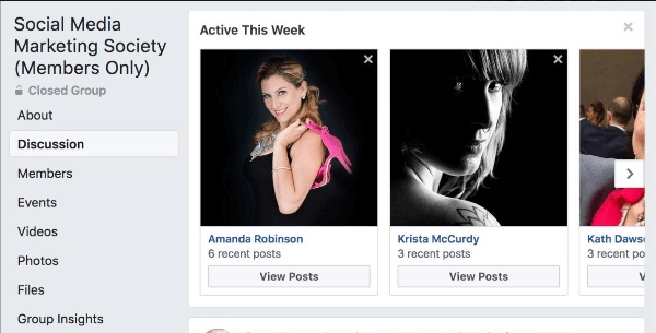 Facebook laat zien welke groepsleden deze week het meest actief zijn geweest in de groep.