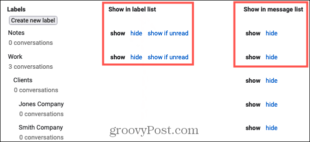Labels weergeven of verbergen in Gmail