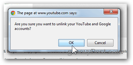 Koppel een YouTube-account aan een nieuw Google-account - Klik op OK om het account te ontkoppelen