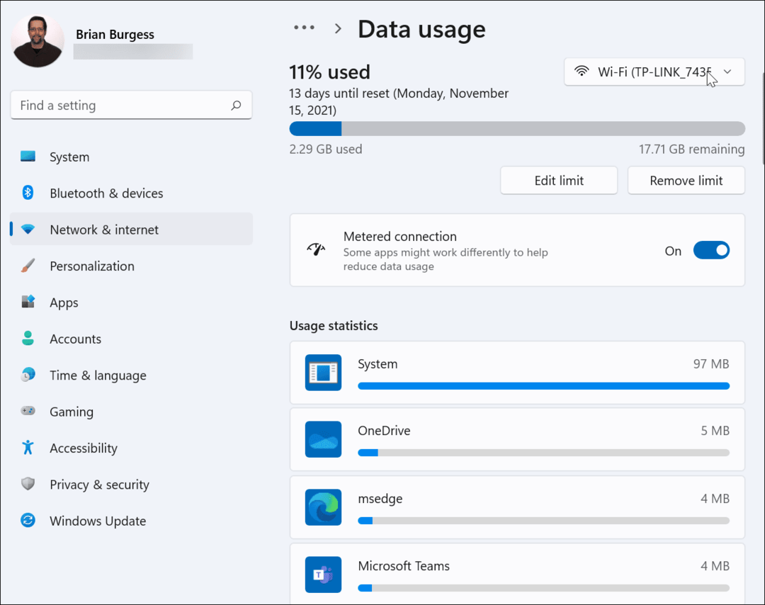 Dataverbruik gemeten verbinding Windows 11