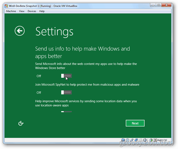 VirtualBox Windows 8 privacy-informatie voor Microsoft