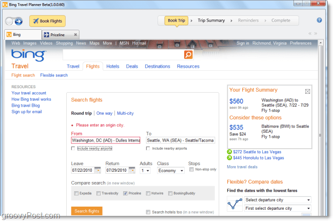 een voorbeeld van de nieuwe Bing-reisplanner voor Outlook
