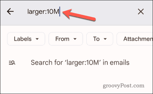 Criteria voor de e-mailgrootte instellen in de Gmail-zoekbalk op mobiel