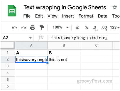 Voorbeeld van tekst die niet is ingepakt in Google Spreadsheets