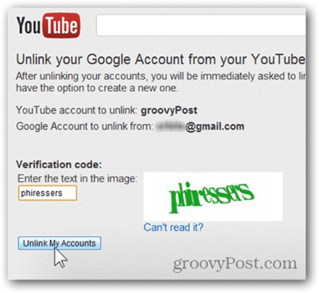 Koppel een YouTube-account aan een nieuw Google-account - Klik op Accounts ontkoppelen