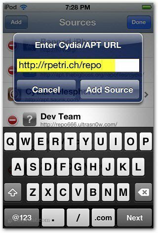 Voer de Cydia APT-URL in