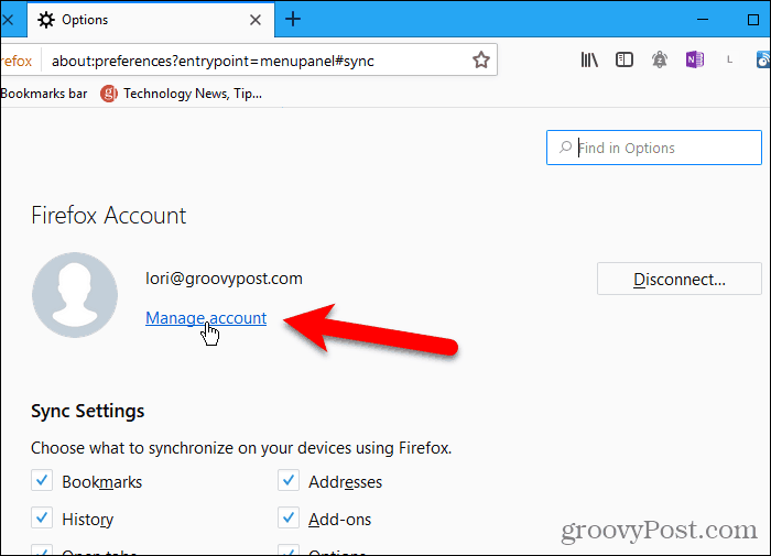 Klik op Account beheren in Firefox voor Windows