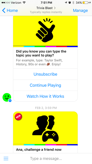 De chatbot van Trivia Blast richt zich op trivia-spellen die gebruikers kunnen spelen, maar onderhoudt ook een hoog niveau van interactie met opties zoals 