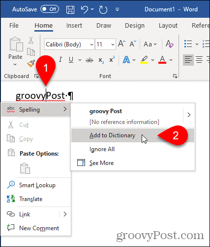 Selecteer Toevoegen aan woordenboek in Word