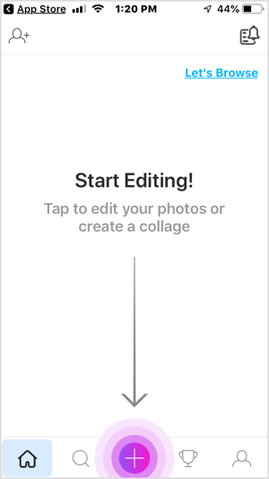 Tik op de knop + in de mobiele PicsArt-app.