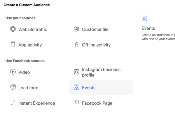 Hoe u uw live-evenement op Facebook promoot, stap 10, maak een aangepast publiek in Facebook Ads Manager op basis van de paginaweergaven van het evenement