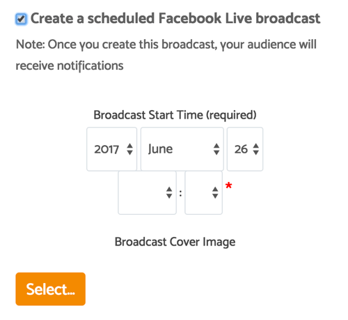 Nadat je op het selectievakje hebt geklikt om je uitzending te plannen, kun je een datum, tijd en omslagafbeelding kiezen.