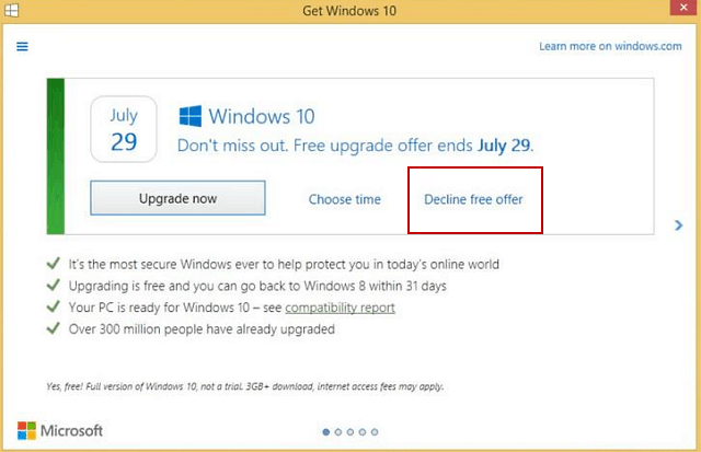 Microsoft maakt het gemakkelijk om Windows 10 gratis upgrade te weigeren