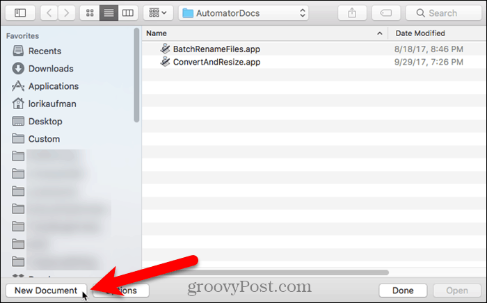 Klik op Nieuw document in Automator op Mac