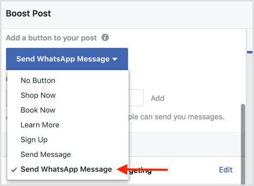Selecteer de optie WhatsApp-bericht verzenden wanneer u een Facebook-bericht een boost geeft.