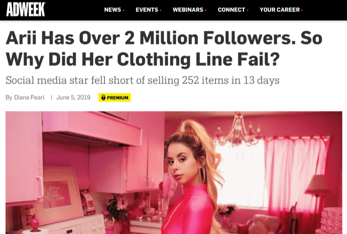 Instagram-influencer Arri met 2 miljoen volgers slaagde er niet in om kledinglijn te verkopen