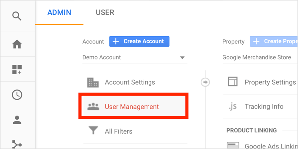 Klik in het Google Analytics-beheerdersdashboard onder Account op Gebruikersbeheer.