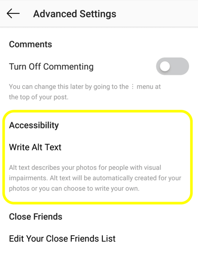 Hoe alt-tekst toe te voegen aan Instagram-berichten, stap 2, toegankelijkheidsoptie voor Instagram-berichten om een ​​alt-tag in te stellen