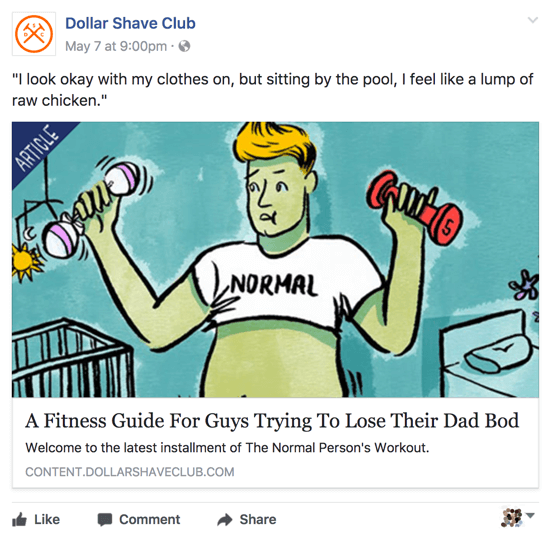 Dollar Shave Club deelt relevante en slimme inhoud op zijn Facebook-bedrijfspagina.