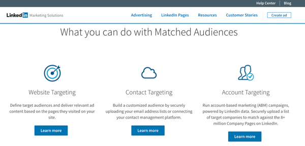 Creëer LinkedIn Matched Audiences om website-retargeting, accounttargeting en contacttargeting te gebruiken met uw LinkedIn-advertenties.