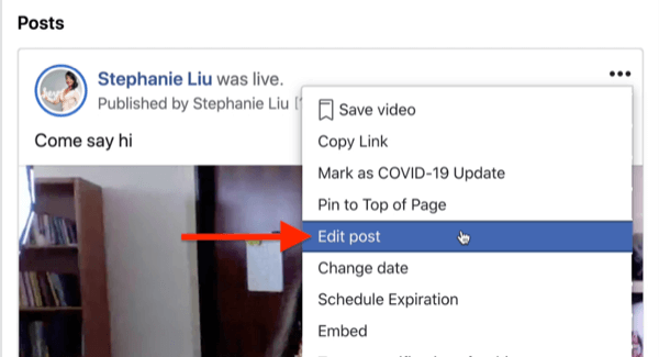 optie om de post van de Facebook-livestream te bewerken onder het menu met drie stippen in de rechterbovenhoek van de streampost