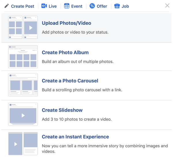 Hoe Facebook Premiere in te stellen, stap 2, upload foto / video-optie