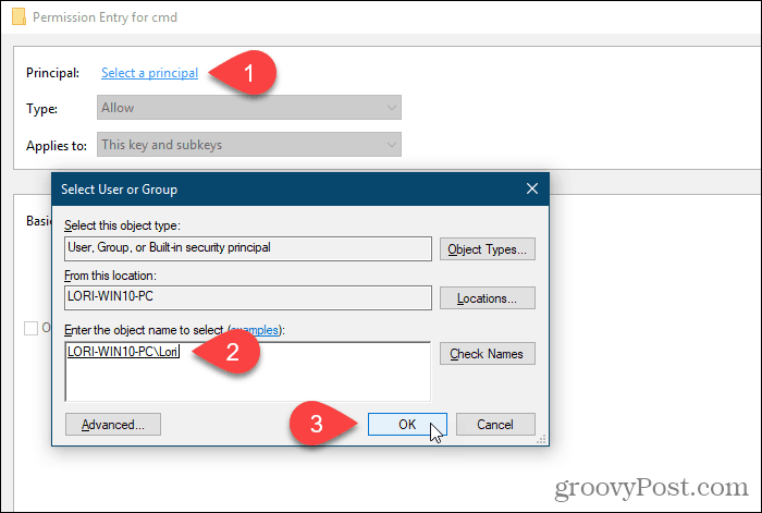 Klik op Selecteer een principal en selecteer een gebruiker of groep voor machtigingen in het Windows-register
