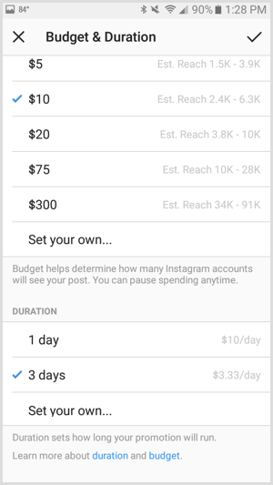 Budget voor promotie van Instagram-advertenties