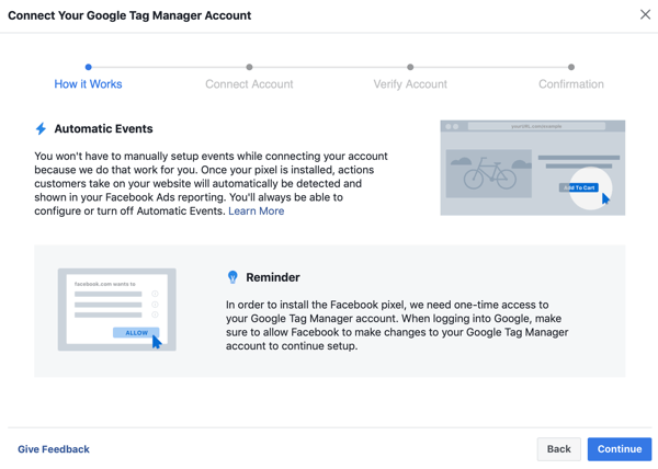 Gebruik Google Tag Manager met Facebook, stap 6, doorgaan-knop wanneer u Google Tag Manager verbindt met uw Facebook-account