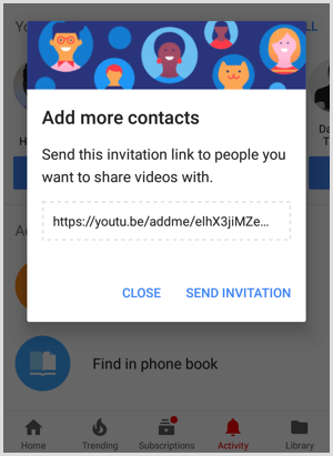 YouTube-uitnodigingslink om te delen met mensen om meer contacten toe te voegen