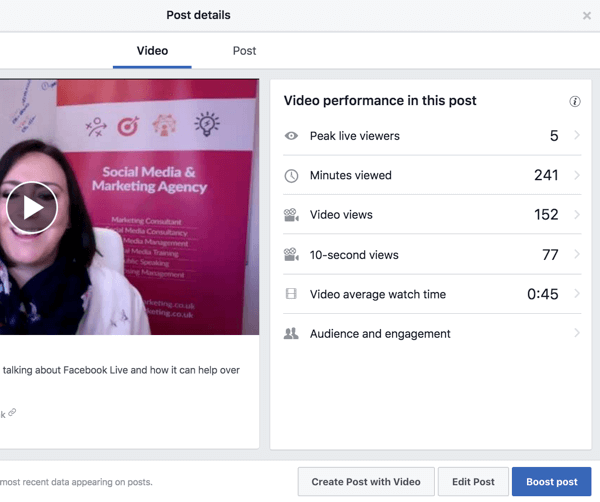 Selecteer een video in uw Facebook-videobibliotheek om prestatiestatistieken te zien.