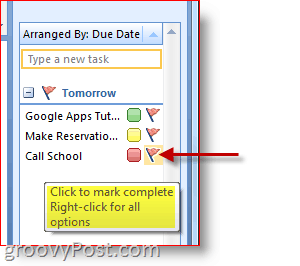 Takenbalk van Outlook 2007 - Klik op Taakvlag om als voltooid te markeren