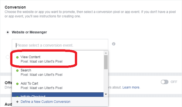 Als je Conversies hebt geselecteerd als je Facebook Messenger-advertentiedoel, kies dan een conversiegebeurtenis.