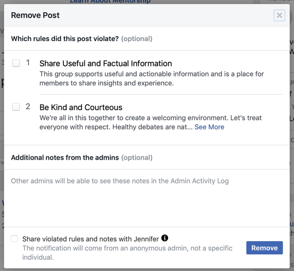 Hoe u uw Facebook-groepscommunity kunt verbeteren, een voorbeeld van een Facebook-optie om te identificeren welke regel (s) een bericht heeft geschonden, evenals een optie om het lid op de hoogte te stellen