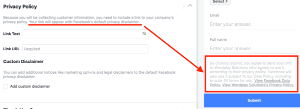 Voorbeeld van een privacybeleid dat is opgenomen in de opties van een Facebook-leadadvertentiecampagne.
