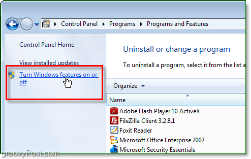 klik op Windows-functies in- of uitschakelen in de Windows 7-programma's en het eigenschappenvenster