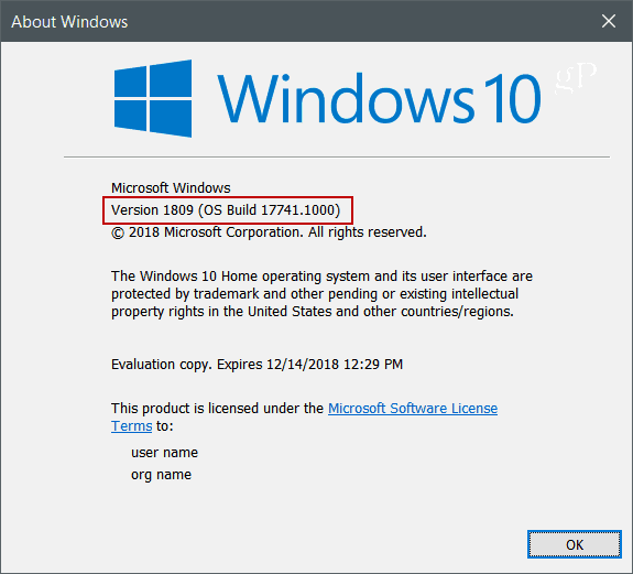 Winver Windows 10 versie 1809