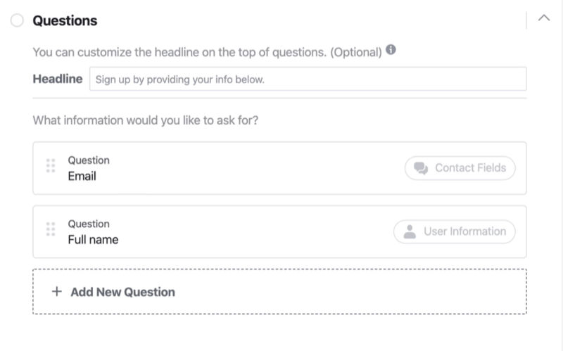 Vragensectie van het instellingsproces van het Facebook-leadformulier