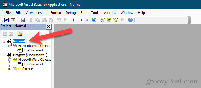 Selecteer Normaal project in VBA-editor in Word
