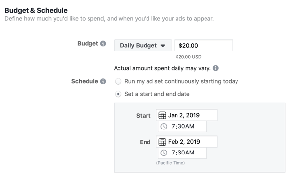Budget- en planningsopties voor een hoofdadvertentiecampagne op Facebook.