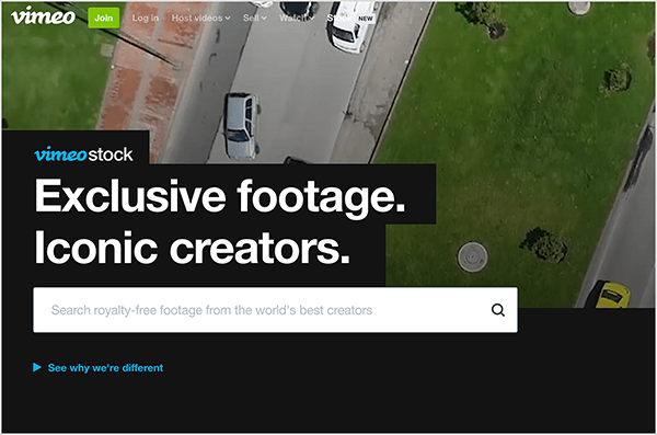 Dit is een screenshot van de Vimeo Stock-website. Linksboven staat de naam Vimeo, een groene knop met het label Join en de volgende opties: Inloggen, Video