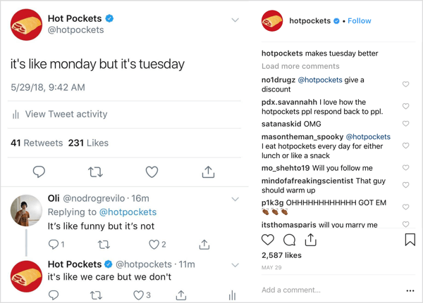 Hot Pockets Instagram-bericht met kenmerkende excentrieke humor.